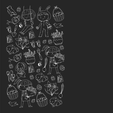 Paskalya ve bahar elemanları ile vektör deseni. Sepette yumurta, tavşan, çiçekler, kuşlar