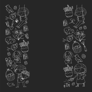 Paskalya ve bahar elemanları ile vektör deseni. Sepette yumurta, tavşan, çiçekler, kuşlar