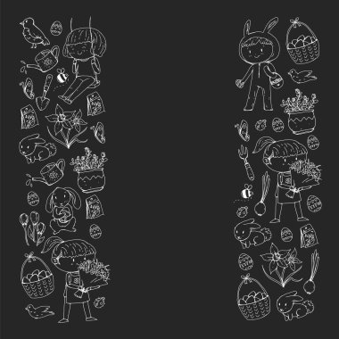 Paskalya ve bahar elemanları ile vektör deseni. Sepette yumurta, tavşan, çiçekler, kuşlar