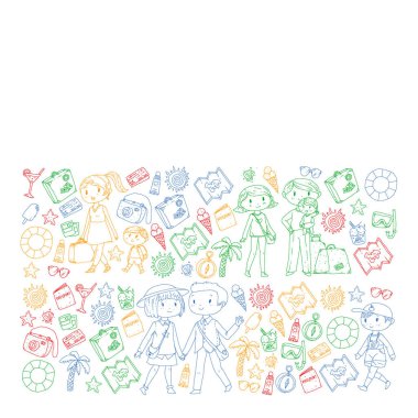 Seyahat ve plaj simgeleri ile Vektör desen. Küçük çocuklu ebeveynler. Çocuklar yaz tatili.