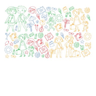 Seyahat ve plaj simgeleri ile Vektör desen. Küçük çocuklu ebeveynler. Çocuklar yaz tatili.