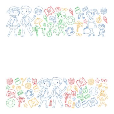 Seyahat ve plaj simgeleri ile Vektör desen. Küçük çocuklu ebeveynler. Çocuklar yaz tatili.