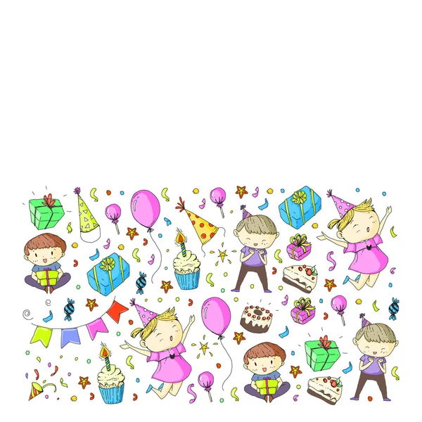 Happy boys and girls. Little kindergarten preschool children. Birthday party celebration. Icons for banners, posters, invitation. — Stock Vector