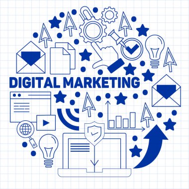 Vektör simgeleri ile dijital pazarlama deseni. Yönetim, start up, iş, internet teknolojisi.