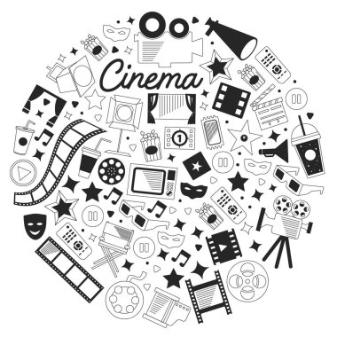 Sinema simgeleri ile vektör deseni. Sinema, Tv, patlamış mısır, video klipler, müzikal