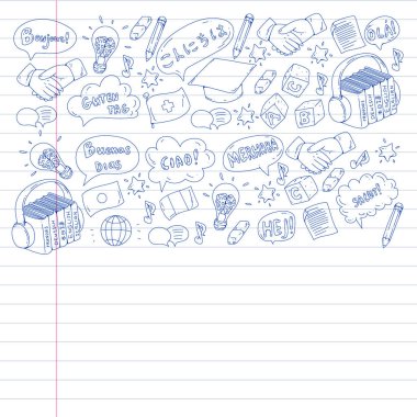 Dil sınıfı için vektör deseni, çevrimiçi kurslar. İngilizce, Arapça, İtalyanca, Japonca, İspanyolca, Çince, Almanca.