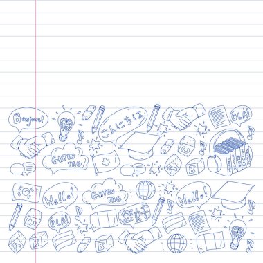 Dil sınıfı için vektör deseni, çevrimiçi kurslar. İngilizce, Arapça, İtalyanca, Japonca, İspanyolca, Çince, Almanca.