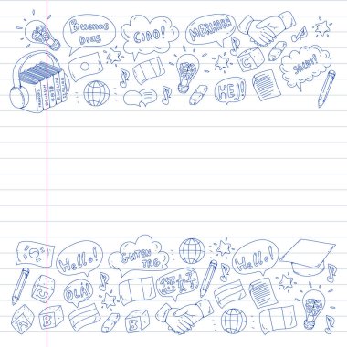 Dil sınıfı için vektör deseni, çevrimiçi kurslar. İngilizce, Arapça, İtalyanca, Japonca, İspanyolca, Çince, Almanca.