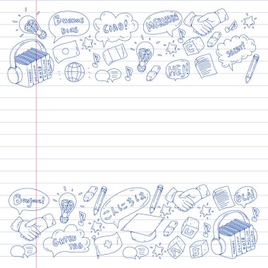 Dil sınıfı için vektör deseni, çevrimiçi kurslar. İngilizce, Arapça, İtalyanca, Japonca, İspanyolca, Çince, Almanca.