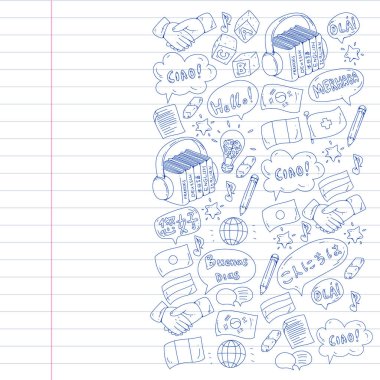 Dil sınıfı için vektör deseni, çevrimiçi kurslar. İngilizce, Arapça, İtalyanca, Japonca, İspanyolca, Çince, Almanca.