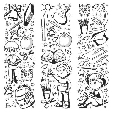 Küçük çocuklar ile vektör deseni. Okula geri dön. Coğrafya, geometri, matematik, fizik, kimya, astronomi