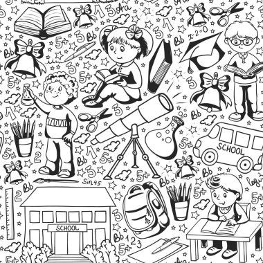 Küçük çocuklar ile vektör deseni. Okula geri dön. Coğrafya, geometri, matematik, fizik, kimya, astronomi