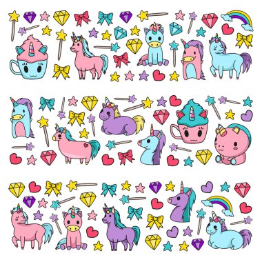 Çocuk giysileri, posterler, afişler, gömlekler için masal unicors ile Çocuk desen. Çizgi film karakteri ile vektör görüntüsü.