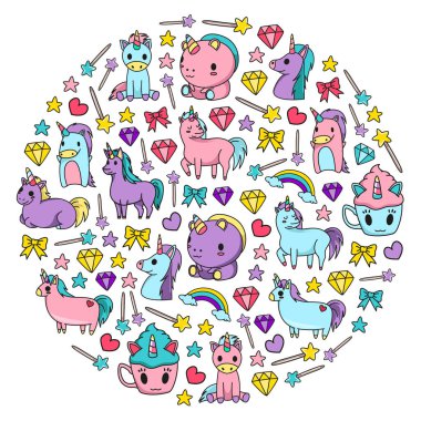 Çocuk giysileri, posterler, afişler, gömlekler için masal unicors ile Çocuk desen. Çizgi film karakteri ile vektör görüntüsü.