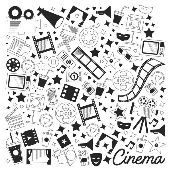 Modèle vectoriel avec icônes de cinéma. Cinéma, TV, pop-corn, clips vidéo, comédie musicale — Image vectorielle