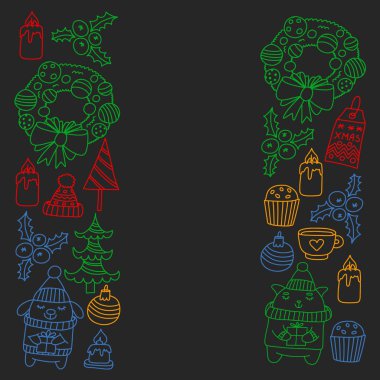 Hediyeler, Sevimli karikatür hayvanlar ile kağıt sarma için kış Noel vektör deseni. Yeni yıl kutlama.