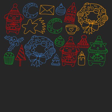 Hediyeler, Sevimli karikatür hayvanlar ile kağıt sarma için kış Noel vektör deseni. Yeni yıl kutlama.