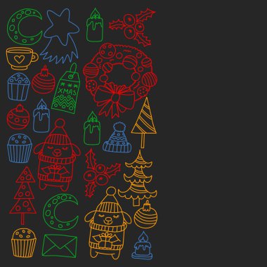 Hediyeler, Sevimli karikatür hayvanlar ile kağıt sarma için kış Noel vektör deseni. Yeni yıl kutlama.