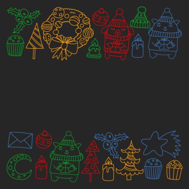 Hediyeler, Sevimli karikatür hayvanlar ile kağıt sarma için kış Noel vektör deseni. Yeni yıl kutlama.