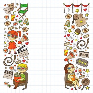 Ambalaj kağıdı, posterler, afişler, broşürler için vektör simgeleri ile Sinema deseni. 3d film, tv, müzikal.