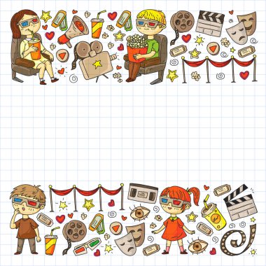 Ambalaj kağıdı, posterler, afişler, broşürler için vektör simgeleri ile Sinema deseni. 3d film, tv, müzikal.