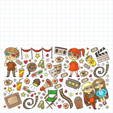 Ambalaj kağıdı, posterler, afişler, broşürler için vektör simgeleri ile Sinema deseni. 3d film, tv, müzikal.