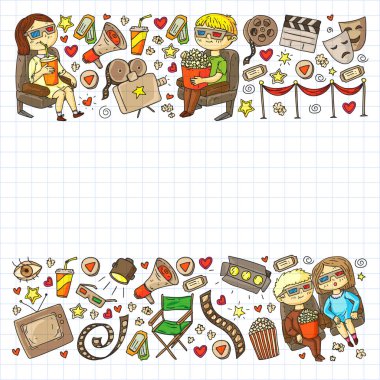 Ambalaj kağıdı, posterler, afişler, broşürler için vektör simgeleri ile Sinema deseni. 3d film, tv, müzikal.