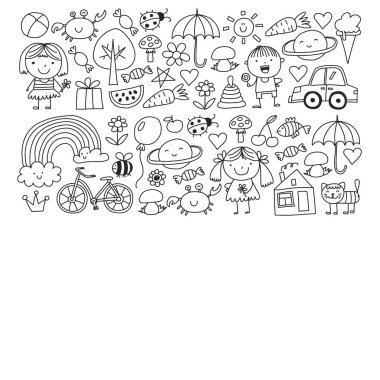 Sevimli küçük çocuklar oynar. Anaokulu, eğitim, spor. Desenler, afişler, posterler için çocuk ve oyuncaklar Simgeleri.