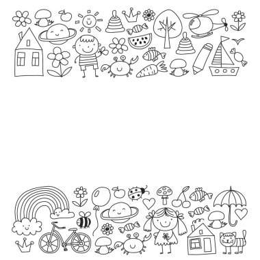 Sevimli küçük çocuklar oynar. Anaokulu, eğitim, spor. Desenler, afişler, posterler için çocuk ve oyuncaklar Simgeleri.