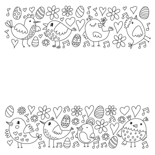 Patrón de tela para niños, textil, papel pintado de vivero. Ilustración vectorial. Pájaros cantores y flores dibujados a mano para niños pequeños . — Vector de stock