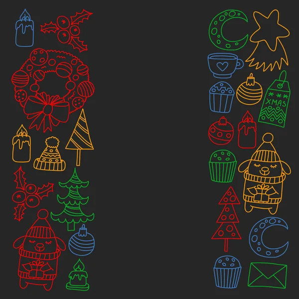 Hediyeler, Sevimli karikatür hayvanlar ile kağıt sarma için kış Noel vektör deseni. Yeni yıl kutlama.