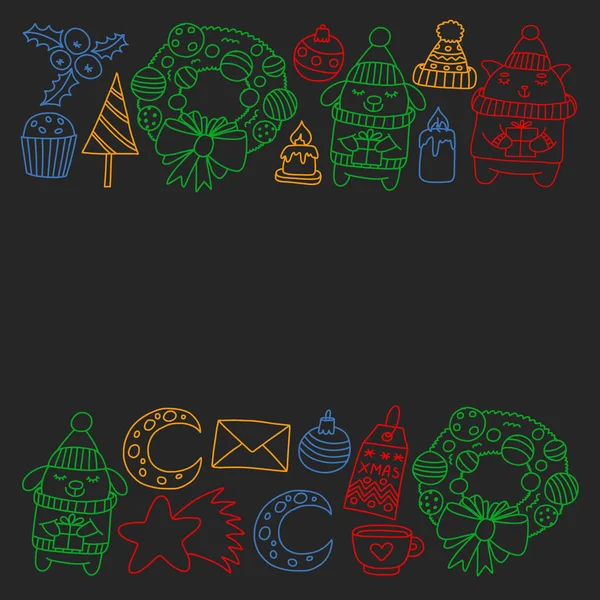 Hediyeler, Sevimli karikatür hayvanlar ile kağıt sarma için kış Noel vektör deseni. Yeni yıl kutlama.