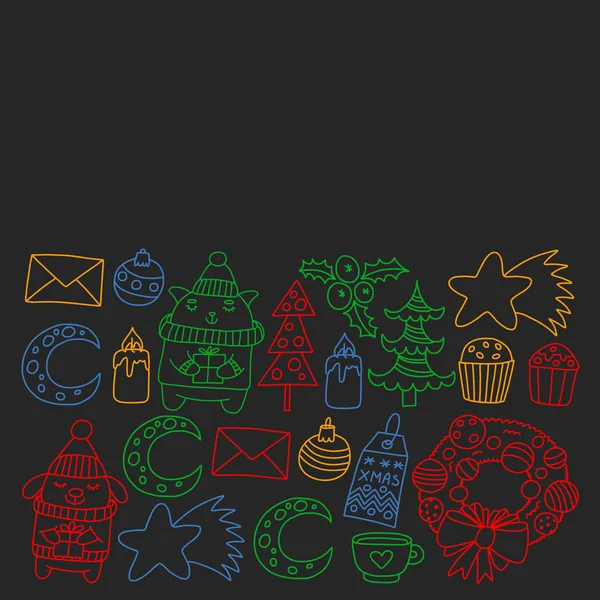 Patrón de vector de Navidad de invierno para papel de envolver con regalos, animales de dibujos animados lindos. Celebración del año nuevo . — Vector de stock