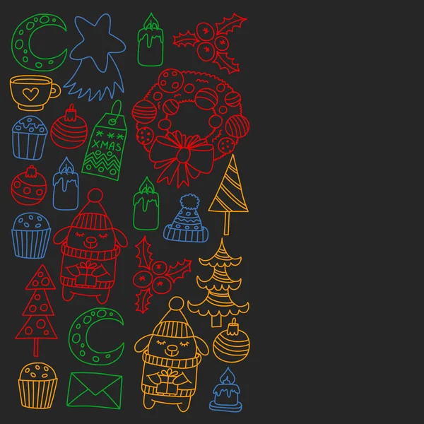 Hediyeler, Sevimli karikatür hayvanlar ile kağıt sarma için kış Noel vektör deseni. Yeni yıl kutlama.