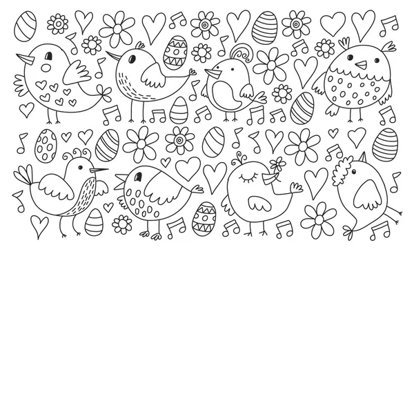 Muster Kinder Stoff, Textil, Kinderzimmer Tapete. Vektorillustration. handgezeichnete Singvögel und Blumen für kleine Kinder. — Stockvektor
