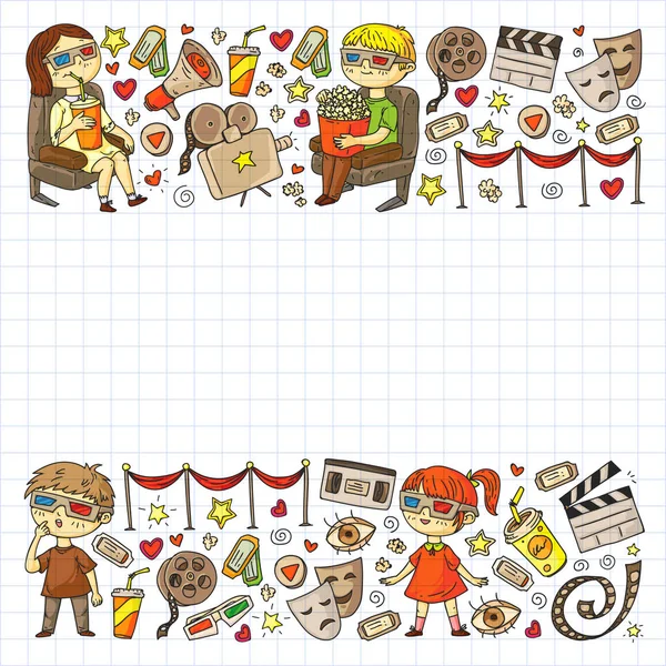 Ambalaj kağıdı, posterler, afişler, broşürler için vektör simgeleri ile Sinema deseni. 3d film, tv, müzikal.