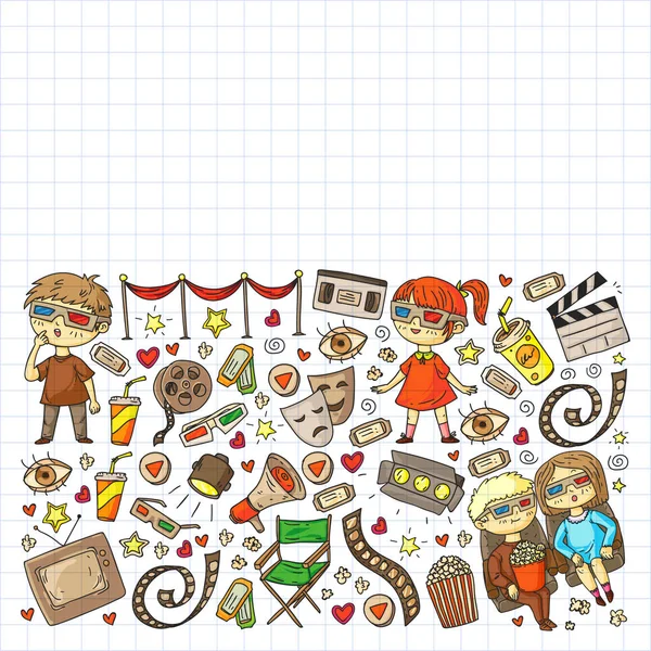 Ambalaj kağıdı, posterler, afişler, broşürler için vektör simgeleri ile Sinema deseni. 3d film, tv, müzikal.