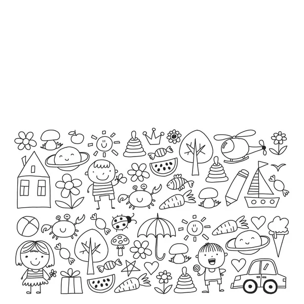 Sevimli küçük çocuklar oynar. Anaokulu, eğitim, spor. Desenler, afişler, posterler için çocuk ve oyuncaklar Simgeleri.