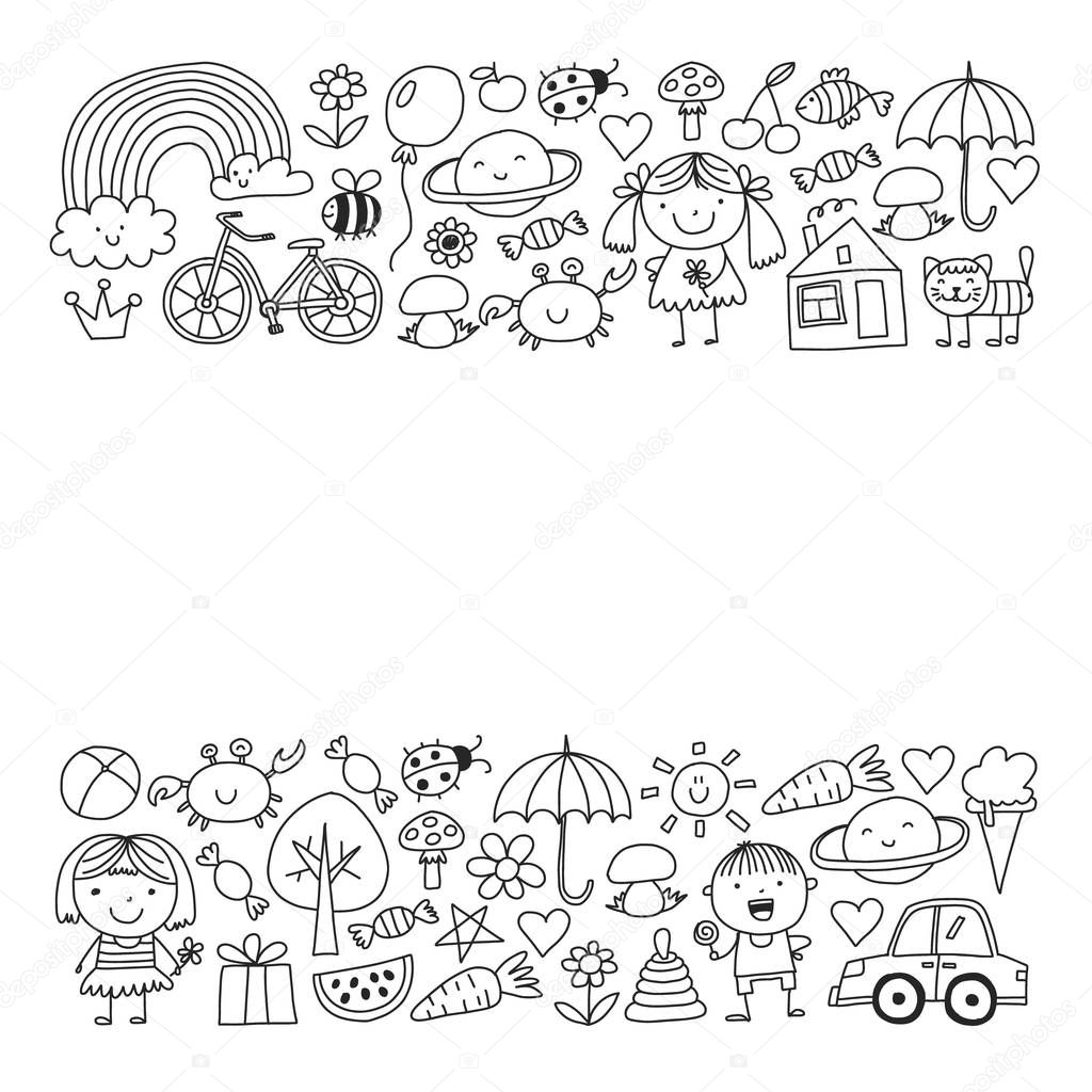 Cute little children play. Kindergarten, education, sport. Icons of kids and toys for patterns, banners, posters.