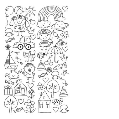 Sevimli küçük çocuklar oynar. Anaokulu, eğitim, spor. Desenler, afişler, posterler için çocuk ve oyuncaklar Simgeleri.