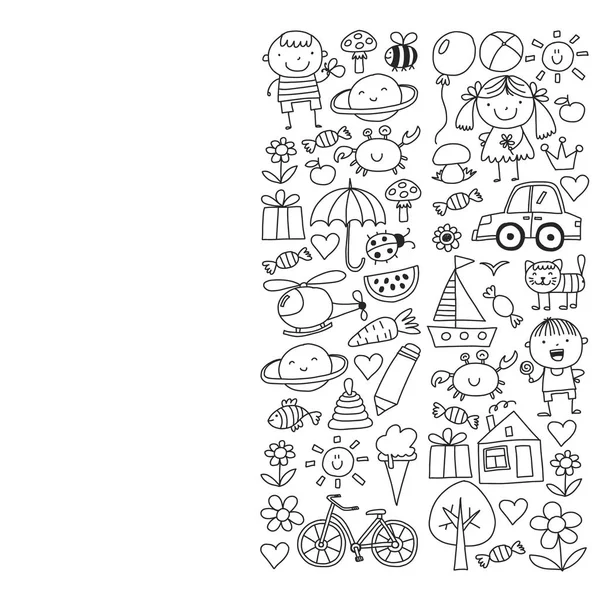 Sevimli küçük çocuklar oynar. Anaokulu, eğitim, spor. Desenler, afişler, posterler için çocuk ve oyuncaklar Simgeleri.