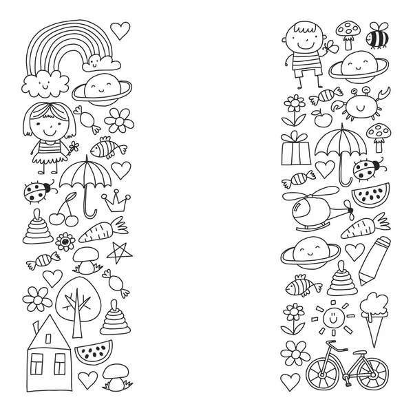 Sevimli küçük çocuklar oynar. Anaokulu, eğitim, spor. Desenler, afişler, posterler için çocuk ve oyuncaklar Simgeleri.