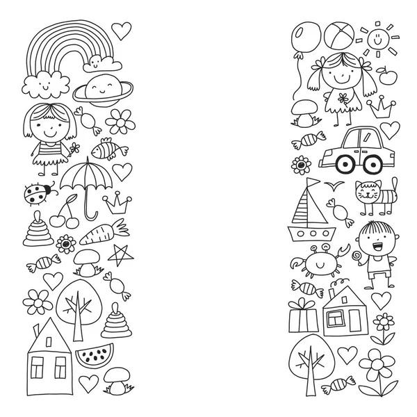 Sevimli küçük çocuklar oynar. Anaokulu, eğitim, spor. Desenler, afişler, posterler için çocuk ve oyuncaklar Simgeleri.