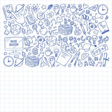 Okula geri dön. Vektör simgeleri ve küçük çocuklar için öğeleri, kolej, online kurslar. Doodle tarzı, çocuk çizim