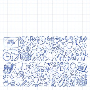 Okula geri dön. Vektör simgeleri ve küçük çocuklar için öğeleri, kolej, online kurslar. Doodle tarzı, çocuk çizim