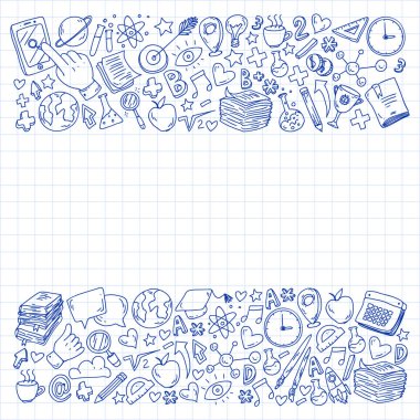 Okula geri dön. Vektör simgeleri ve küçük çocuklar için öğeleri, kolej, online kurslar. Doodle tarzı, çocuk çizim