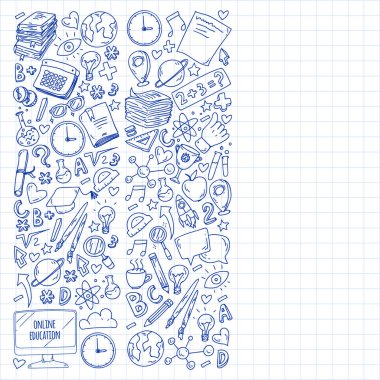 Okula geri dön. Vektör simgeleri ve küçük çocuklar için öğeleri, kolej, online kurslar. Doodle tarzı, çocuk çizim