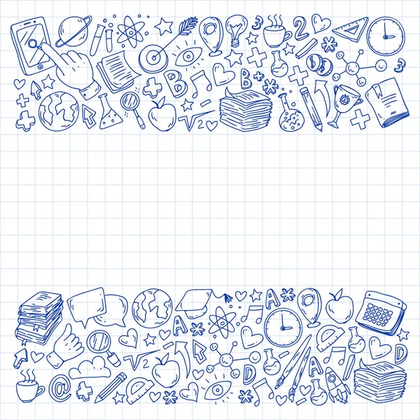 Okula geri dön. Vektör simgeleri ve küçük çocuklar için öğeleri, kolej, online kurslar. Doodle tarzı, çocuk çizim