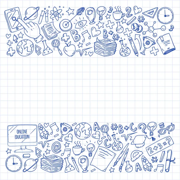 De vuelta a la escuela. Iconos vectoriales y elementos para niños pequeños, universidad, cursos en línea. Estilo Doodle, dibujo de niños — Archivo Imágenes Vectoriales