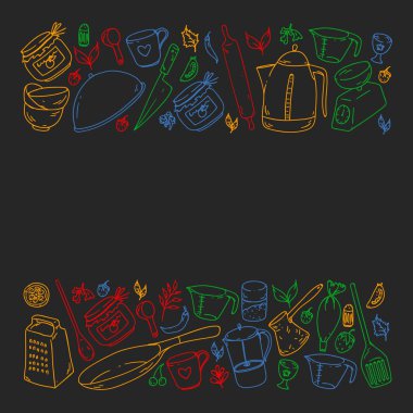 Gıda ve mutfak utencil ile Desen. Yemek sınıfı, restoran için menü, mağazalar için afişler